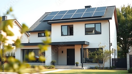 Modern house with solar panels on roof, clean architectural lines, sustainable living concept.