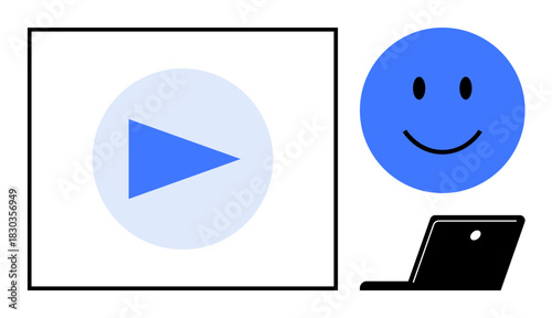 Digital media concept. Features a play button, happy face, and laptop digital content creation, video streaming, and online positivity. Great for technology, communication, and education