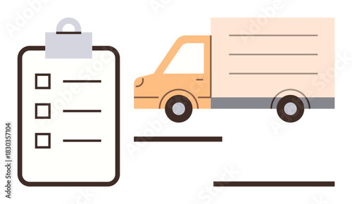 Orange delivery truck next to completed checklist with boxes. Ideal for delivery, logistics, planning, shipping, organization, inventory, supply chain. Clean and simple flat metaphor