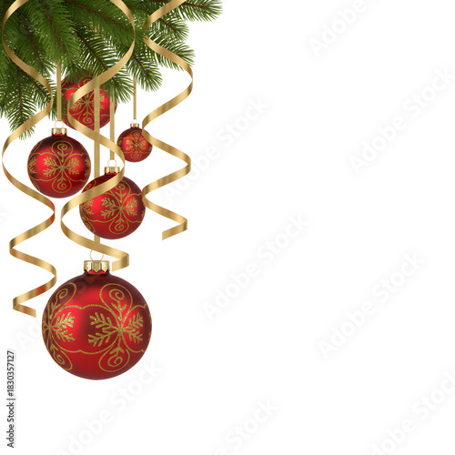Shiny red decorations hang gracefully from softly colored evergreen pine branches.