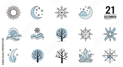 A collection of winter-themed line art icons including sun, moon, stars, snowflakes, waves, trees, crystals, and the date December 21st.