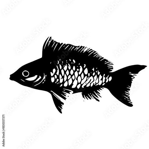 Silhouette of Stylized Fish with Forked Tail and Bold Scales.