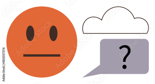 Neutral orange face with straight-line mouth, black oval eyes, cloud-shaped thought bubble, and question mark in speech balloon. Ideal for emotions, doubt, decision-making, communication, hesitation