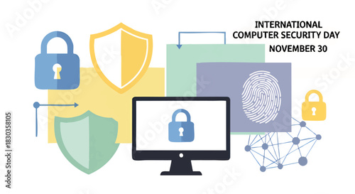 Modern abstract illustration representing global cybersecurity and data protection, featuring secure networks, digital privacy, and online safety elements with locks and shields