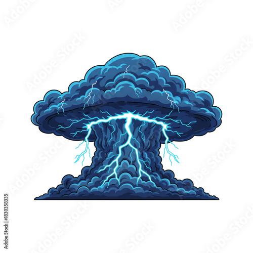 Illustration of cumulonimbus clouds with lightning effect. Isolated on white background.