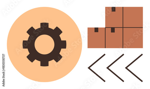 Gear in circular background beside stacked boxes and arrows symbolizing process flow, automation, and shipping. Ideal for logistics, production, warehouse, supply chain, efficiency, distribution
