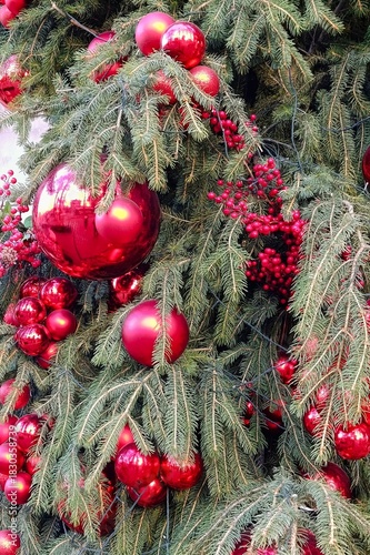 Entrance decorated for Christmas with lush fir branches and shiny red ornaments. Holiday baubles with reflections create a festive and cozy seasonal atmosphere. 