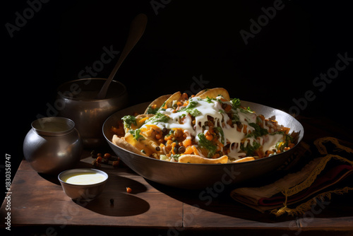 A bowl of loaded nachos with melted cheese, vegetables, and fresh herbs on a wooden table.