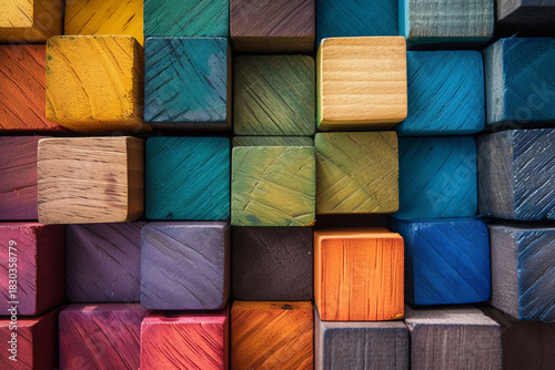 Close-up of vibrant painted wooden cubes arranged in a grid pattern.