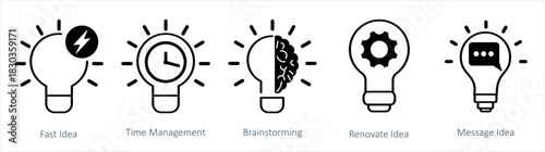 A set of 5 business icons as fast idea, time management, brainstorming
