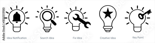 A set of 5 business icons as idea notification, search idea, fix idea