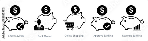 A set of 5 business icons as share savings, bank owner, online shopping