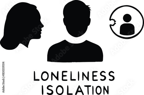 Black Silhouette Vector of Three Human Figures Representing Loneliness and Isolation with Puzzle Symbol for Emotional Disconnection