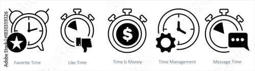 A set of 5 business icons as favorite time, like time, time is money