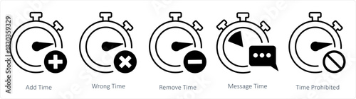 A set of 5 business icons as add time, wrong time, remove time