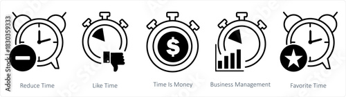 A set of 5 business icons as reduce time, like time, time is money