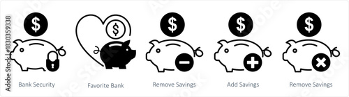 A set of 5 business icons as bank security, favorite bank, remove savings
