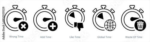 A set of 5 business icons as wrong time, add time, like time