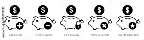 A set of 5 business icons as add savings, remove savings, bank security