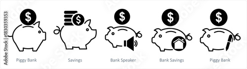 A set of 5 business icons as piggy bank, savings, bank speaker