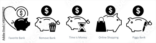 A set of 5 business icons as favorite bank, remove bank, time is money