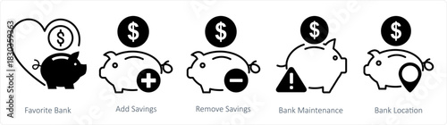 A set of 5 business icons as favorite bank, add savings, remove savings