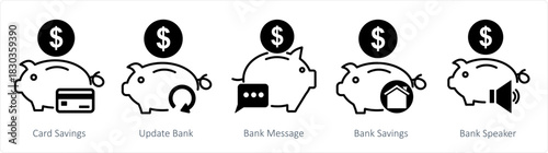 A set of 5 business icons as card savings, update bank, bank message