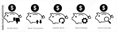 A set of 5 business icons as dislike bank, bank transaction, update bank