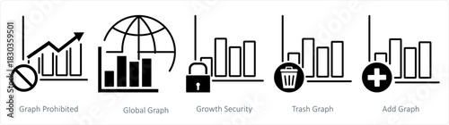 A set of 5 business icons as graph prohibited, global graph, growth security