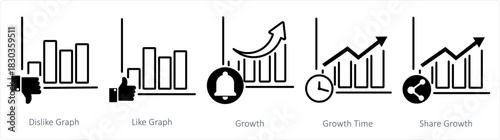 A set of 5 business icons as dislike graph, like graph, growth