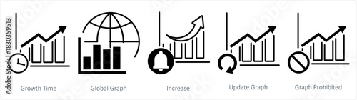 A set of 5 business icons as growth time, global graph, increase