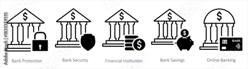 A set of 5 business icons as bank protection, bank security, financial institution
