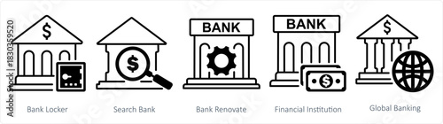 A set of 5 business icons as bank locker, search bank, bank renovate