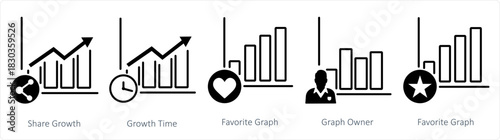 A set of 5 business icons as share growth, growth time, favorite graph