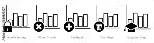A set of 5 business icons as growth security, wrong growth, add graph