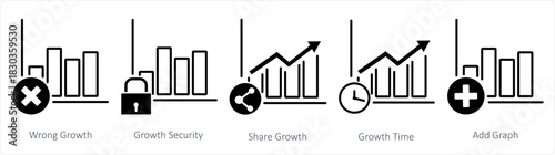 A set of 5 business icons as wrong growth, growth security, share growth