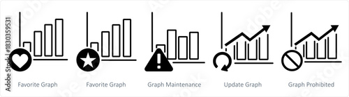 A set of 5 business icons as favorite graph, graph maintenance, update graph