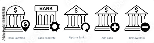 A set of 5 business icons as bank location, bank renovate, update bank