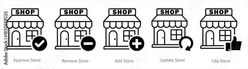 A set of 5 business icons as approve store, remove store, add store