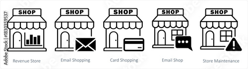 A set of 5 business icons as revenue store, email shopping, card shopping