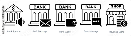 A set of 5 business icons as bank speaker, bank message, bank wallet