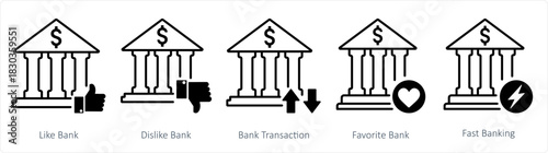 A set of 5 business icons as like bank, dislike bank, bank transaction