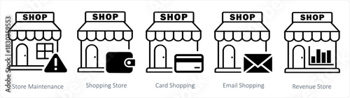 A set of 5 business icons as store maintenance, shopping store, card shopping