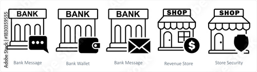 A set of 5 business icons as bank message, bank wallet, revenue store