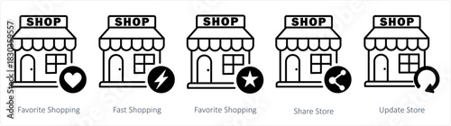A set of 5 business icons as favorite shopping, share store, update store