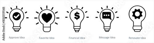 A set of 5 business icons as approve idea, favorite idea, financial idea