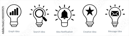 A set of 5 business icons as graph idea, search idea, idea notification