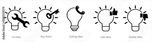 A set of 5 business icons as fix idea, key point, calling idea
