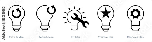 A set of 5 business icons as refresh idea, fix idea, creative idea