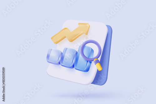 3D graph up with book alert notice icon for finance statistic, sell and buy report. analyzing investment money cash and exchange with finance. 3d trading stock report icon vector render illustration